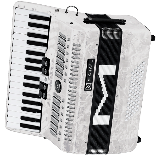 Acordeon Michael ACM6005N Branco Perolado 60 Baixos 5 Registros 3ª Voz 34 Teclas Palhetas Aço Inoxidável Fole Linho Couro Bag Mochila com Rodinhas e Alça
