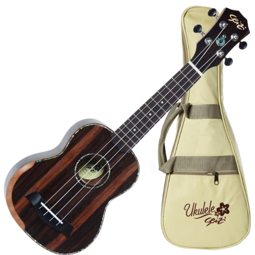 Ukulele Acústico Seizi Bora Bora Plus Soprano Ebony com Bag Nut e Rastilho em Osso Encordoamento Aquila e Detalhes em Abalone 10360194