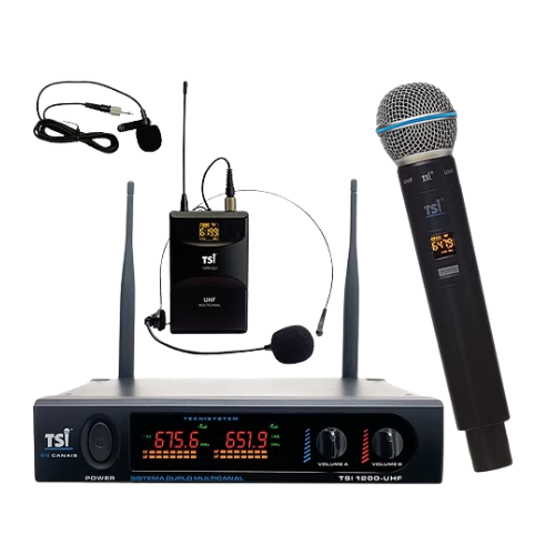 Microfone Sem Fio TSI 1200 CLI UHF com Receptor Display Digital 96 Canais Bodypack para Lapela Headset Microfone de Mão X1 e Processo Exclusivo Ghostless