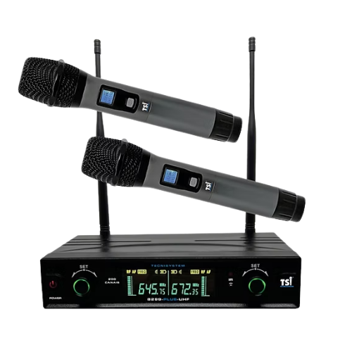 Microfone Sem Fio TSI 8299 Plus UHF com Receptor Duplo Display Digital 200 Canais Bodypack Monitor de Bateria e Processo Exclusivo Ghostless
