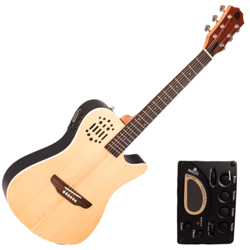 Violão Eletroacústico Marquês VA-144 NS EQ Natural Fosco com Equalizador Ativo MET-A08 4 Bandas Corpo Flat Travel Baby Cutaway Tampo Pinho Branco e Laterais Fundo Plywood