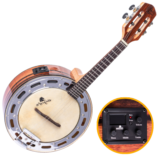 Banjo Eletroacústico Marquês BAJ-177 NT EQ Natural Brilho com Equalizador Ativo A-20 3 Bandas Afinador Aro Cromado Pele Caprina 8" Corpo Ébano Braço Cedro e Escala Rosewood