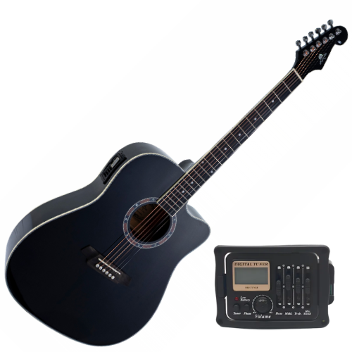 Violão Eletroacústico Aço Marquês VA-207 BK EQ Preto Brilho com Folk Cutaway Headstock Guitarra e Pré B-12 4 Bandas com Microfone Interno