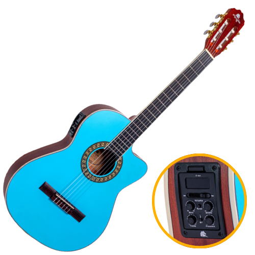 Violão Eletroacústico Nylon Marquês VN-17 LBL EQ Azul Fosco com Corpo Flat Cutaway e Pré 4BT 4 Bandas Bluetooth Afinador