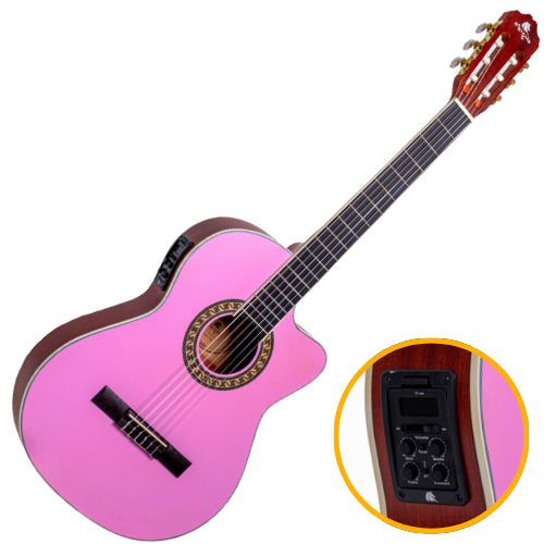 Violão Eletroacústico Nylon Marquês VN-17 LPK EQ Rosa Fosco com Corpo Flat Cutaway e Pré 4BT 4 Bandas Bluetooth Afinador