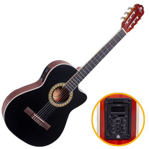 Violão Eletroacústico Nylon Marquês VN-17 BK EQ Preto Fosco com Corpo Flat Cutaway e Pré 4BT 4 Bandas Bluetooth Afinador