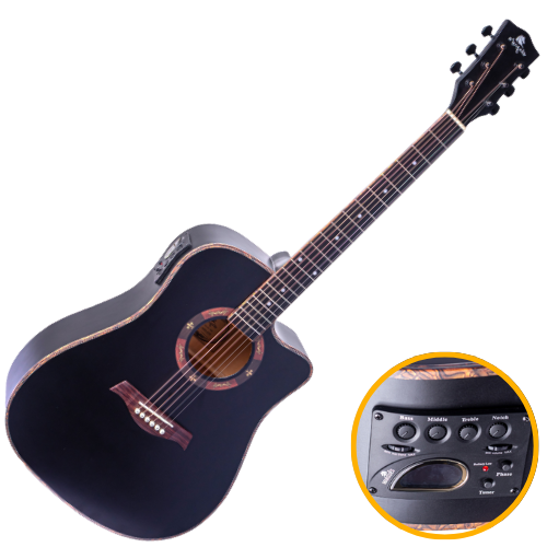 Violão Eletroacústico Aço Marquês VA-228 BKS EQ Preto Fosco com Corpo Folk Cutaway e Pré MET-A08 4 Bandas Afinador Microfone Interno