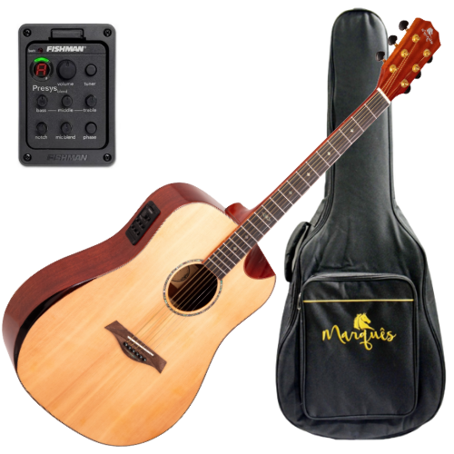 Violão Eletroacústico Aço Marquês VA-245 NS EQ Natural Fosco com Tampo Pinho Maciço Fishman Presys+ 5 Bandas e Bag