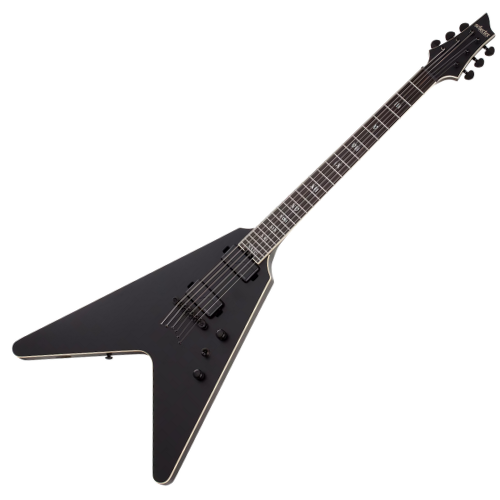 Guitarra Schecter V-1 SLS Elite Evil Twin Satin Black com Corpo em Swamp Ash Reforço de Carbon Fiber Escala em Ébano Compound Radius Captadores Fishman Fluence Modern 1346