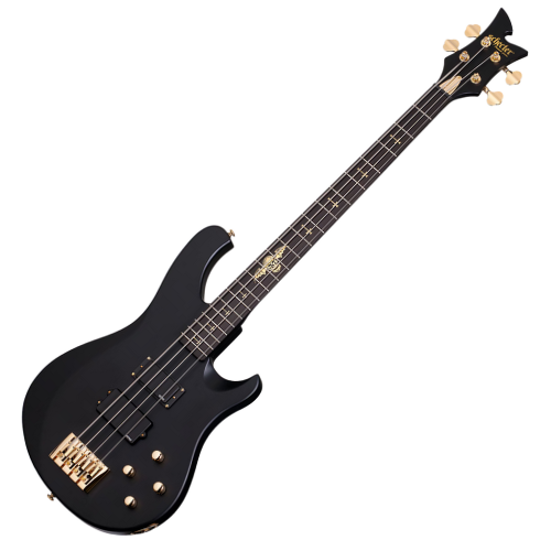 Contrabaixo Schecter Johnny Christ SBK Satin Black com Corpo em Ash Braço Maple Bolt-on Perfil Escala em Ébano com 21 Narrow X-Jumbo Frets Captadores EMG MMCS Eletrônica Ativa EMG 2 Banda Ponte Schecter Custom Bass 213