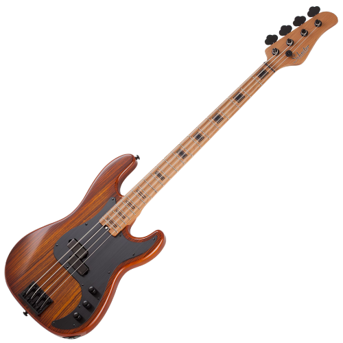 Contrabaixo Schecter P-4 Exotic Faded Vintage Sunburst com Corpo em Swamp Ash e Topo em Zebrawood Braço Roasted Maple Reforço de Carbon Fiber Escala Roasted Maple Captador EMG Metal Works Ponte Schecter High Mass Bass String 2927
