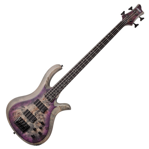 Contrabaixo Schecter Riot-4 Bass 4 Cordas Aurora Burst com Corpo em Swamp Ash e Topo Burl Exótico Braço Bolt-on Multi-Ply Maple/Nogueira com Reforço de Carbon Fiber Escala em Ébano Ponte Schecter Custom Bass String Thru 1450