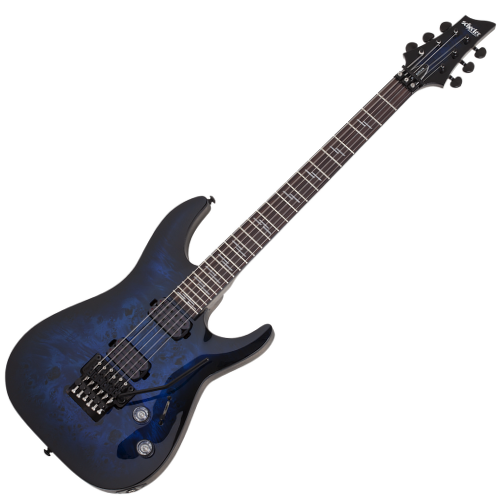 Guitarra Schecter Omen Elite-6 FR See Thru Blue Burst com Corpo em Mogno e Braço Maple Bolt-on Perfil Thin Escala em Rosewood com Captadores Schecter Diamond Heretic HH Ponte Floyd Rose Special 2455
