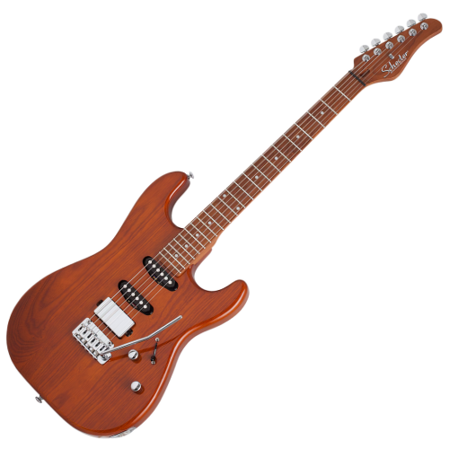 Guitarra Schecter Traditional Van Nuys Gloss Natural Ash com Corpo em Ash Braço Roasted Maple Bolt-on Perfil Thin Escala em Roasted Maple com Captadores Schecter USA SuperRock Vintage MonsterTone HSS Ponte Diamond Vintage Tremolo 701