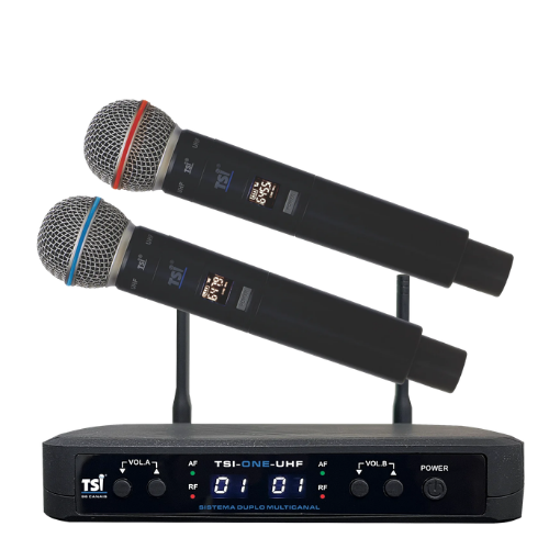 Sistema Sem Fio TSI ONE UHF com 96 Canais e Tecnologia Ghostless Duplo Microfone de Mão UHF 614-698 MHz com Receptor 2 Microfones Super Cardióide Antenas Cabo P10 e Fonte Bivolt