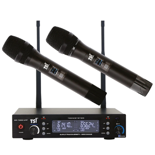 Microfone Sem Fio TSI BR 7000 UHF Duplo com Tecnologia Duo-4 Diversity e 300 Canais Sistema UHF 614-698 MHz com Receptor True Diversity em Metal 2 Microfones de Mão Super Cardióide SC-8 em Metal Fonte Bivolt