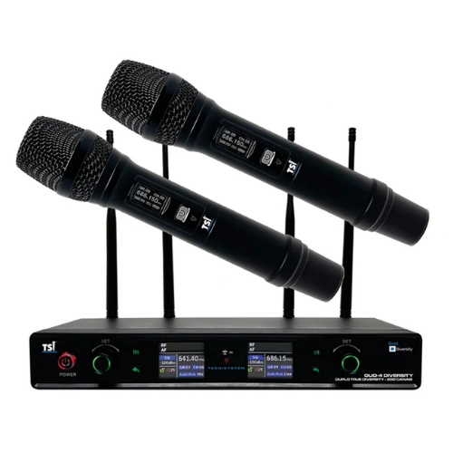 Sistema Sem Fio TSI DUO 4 DIVERSITY com 200 Canais e True Diversity Sistema UHF 614-698 MHz com Receptor Duo-4 Diversity (4 Receptores Internos) 2 Microfones de Mão Multicanal SC-8 Super Cardióide Fonte Bivolt