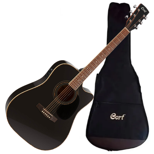 Violão Eletroacústico Cort Standard AD 880CE Black com Tampo Spruce Fundo e Laterais Mahogany Cutaway Veneziano Equalizador Cort CE304T 3 Bandas e Bag