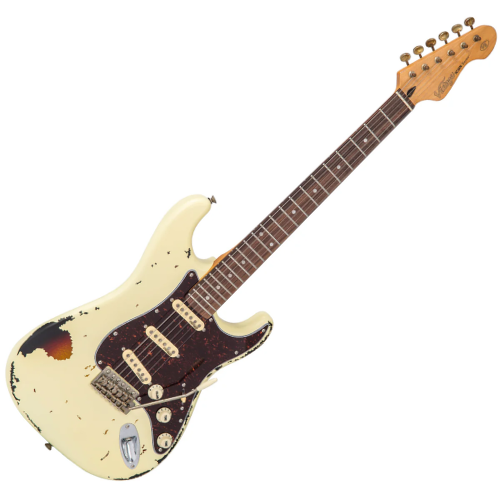 Guitarra Vintage Icon V6MRVW STR Destressed White On Sunburst com Corpo Sólido Braço Hard Rock Maple Escala Rosewood 22 Trastes 3 Captadores Wilkinson WVS Alnico V Ponte Vibrato Wilkinson