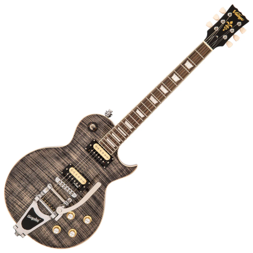 Guitarra Vintage Reissued V100BLB With Bigsby Flamed Thru Black com Corpo Mahogany Top Maple Carved Flamed Braço Mahogany Set Neck Escala Rosewood 2 Captadores Humbucker Wilkinso Ponte Wilkinson TOM Vibrato Bigsby