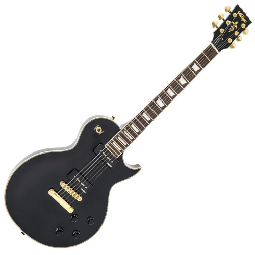 Guitarra Vintage Reissued V100 PBB LP Gold Hard Gloss Black com Corpo Mahogany Top Maple Carved Braço Mahogany Set Neck Escala Rosewood 2 Captadores Humbucker Wilkinson Ponte Tune-O-Matic