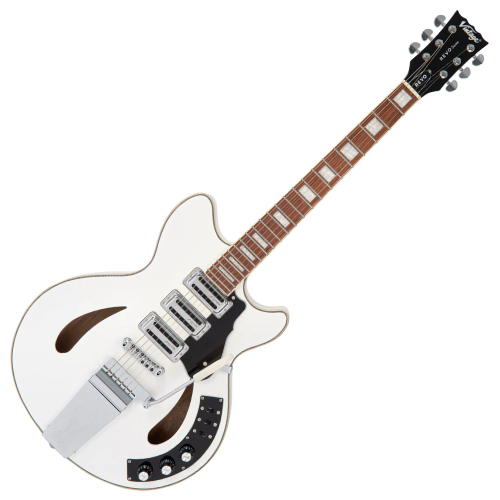 Guitarra Vintage Revo VRS 550 AW Custom Supreme Semi-Acústica Arctic White com Corpo Maple Braço Maple Escala Jatobá 22 Trastes 3 Captadores Alan Entwistle Toaster RT64 Ponte Roller Vibrato Vintage