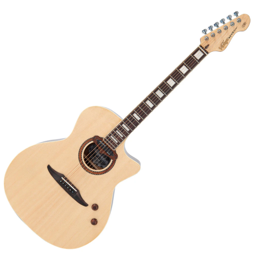 Violão Vintage VRE 900 NA Revo Elektra Eletroacústico Natural Spruce com Corpo Acacia Tampo Spruce Braço Maple Parafusado Escala Rosewood 20 Trastes Captador Alan Entwistle Astrosonic QX Pré-amplificador com 5-Way Rotary Selector