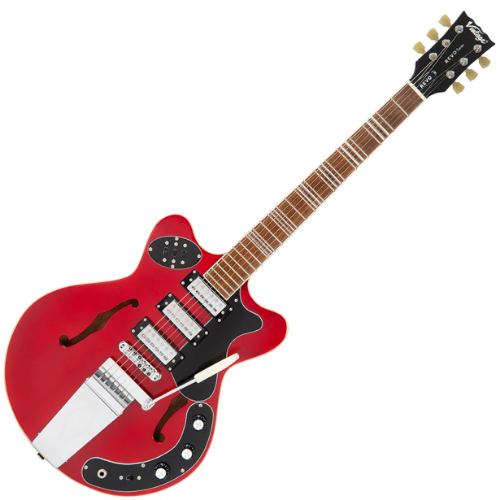 Guitarra Vintage Revo Series Superthin Cherry Red com Corpo Okoume Braço Mogno Escala Jatobá 22 Trastes 3 Captadores Entwistle HFS63 Ponte Roller Vibrato Vintage