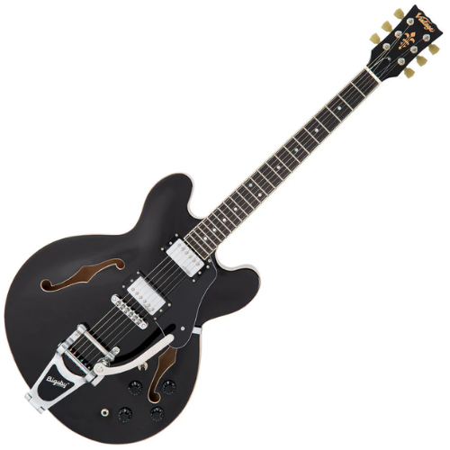 Guitarra Vintage VSA500B Reissued Bigsby Gloss Black com Corpo Maple Braço Mogno Escala Rosewood 22 Trastes 2 Humbuckers Wilkinson Ponte TOM com Bigsby