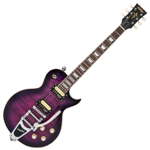 Guitarra Vintage V100 Reissued Bigsby Flamed Purpleburst com Corpo Mogno Braço Mogno Escala Rosewood 22 Trastes 2 Humbuckers Wilkinson Ponte TOM com Bigsby