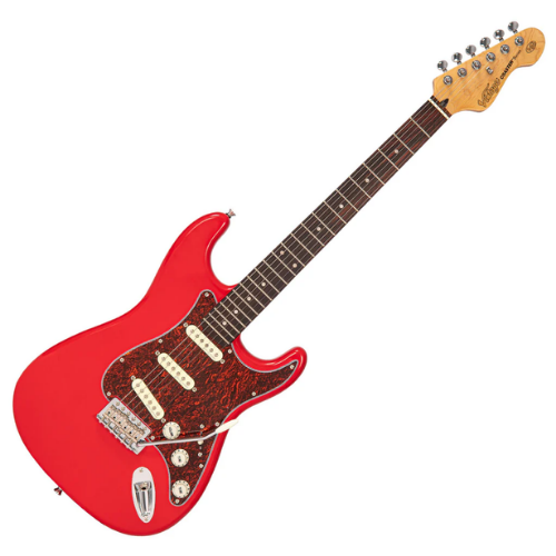 Guitarra Vintage V60 Coaster Series Gloss Red com Corpo Paulownia Braço Maple Escala Rosewood 22 Trastes 3 Captadores Single Coil Entwistle Ponte Vibrato