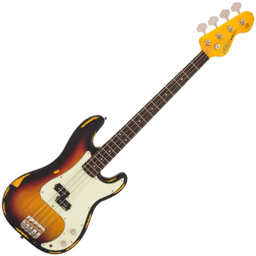 Contrabaixo Vintage V4 Icon Distressed Sunset Sunburst com Corpo Poplar Braço Maple Escala Rosewood 20 Trastes Captador Single Coil Wilkinson Ponte Wilkinson Four Saddle