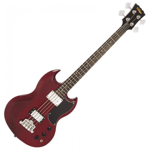 Contrabaixo Vintage VS4 Reissued Cherry Red com Corpo Mogno Braço Mogno Set Escala Rosewood 20 Trastes 2 Captadores Double Coil Wilkinson Ponte Fixed