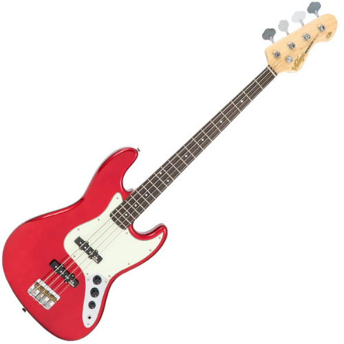 Contrabaixo Vintage VJ74 Reissued Candy Apple Red com Corpo Alder Braço Maple Escala Rosewood 20 Trastes 2 Single Coil Wilkinson Ponte Wilkinson Four Saddle
