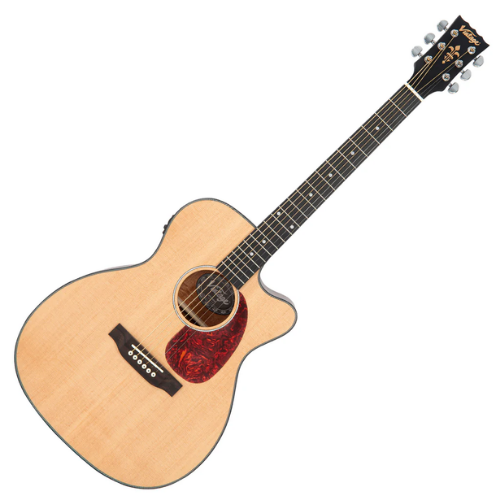 Violão Vintage VEC300N Stage Series Folk Cutaway Natural Eletroacústico com Tampo Spruce Sólido Corpo Mogno Braço Mogno Escala HPL 20 Trastes 3 Band EQ com Phase e Tuner
