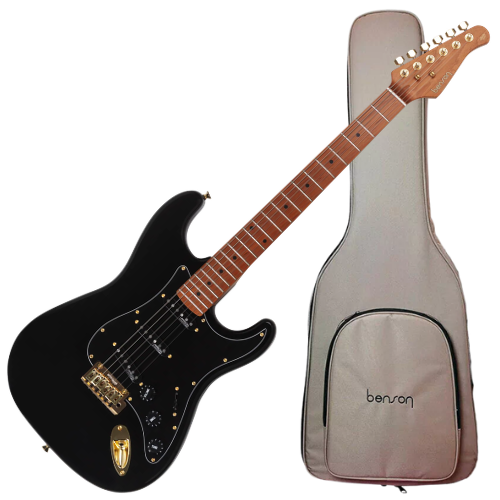 Guitarra Benson Hardy HD 901 BK Gold Black com Captadores Wilkinson Alnico 5 Single-Coil Ponte Wilkinson Tremolo 2 Pivôs Pickguard Black Hardware Gold e Bag
