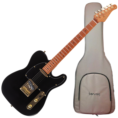 Guitarra Benson Hardy HD 904 BK BK Gold Black com Corpo Alder Braço Roasted Maple Parafusado Escala Roasted Maple 22 Trastes 2 Captadores Single Coil Wilkinson Alnico e Bag