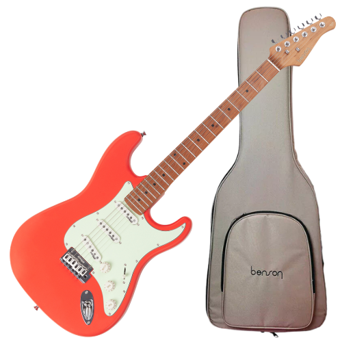 Guitarra Benson Hardy HD 901 FRD MGPG Fiesta Red com Captadores Wilkinson Alnico 5 Single-Coil Ponte Wilkinson Tremolo 2 Pivôs Pickguard Mint Green e Bag