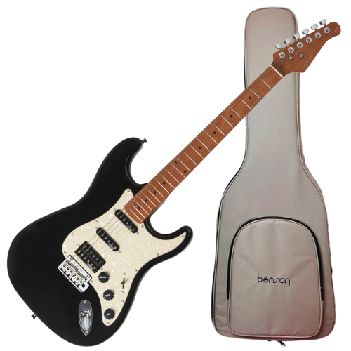 Guitarra Benson Hardy HD 902 BK APPG Black com Captadores Wilkinson Alnico 5 HSS Ponte Wilkinson Tremolo 2 Pivôs Pickguard Aged Pearl e Bag