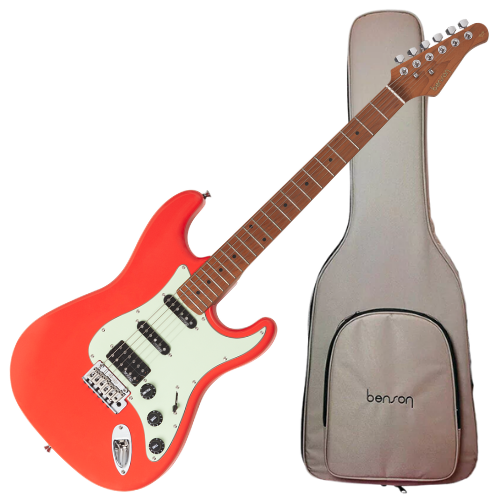 Guitarra Benson Hardy HD 902 FRD MGPG Fiesta Red com Captadores Wilkinson Alnico 5 HSS Ponte Wilkinson Tremolo 2 Pivôs Pickguard Mint Green e Bag