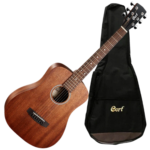 Violão Cort AD Mini MEDX OP Open Pore Mahogany Natural 3/4 Corpo Dreadnought Mini Tampo Fundo e Laterais em Mogno Eletrônica Cort CE306T com Afinador Embutido e Bag
