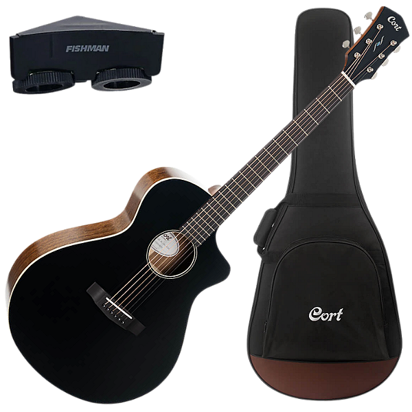 Violão Eletroacústico Cort Core-MC Ovangkol BTSG Black Top Semi Gloss Aço com Tampo Cedro Maciço Fundo e Laterais Ovangkol Maciço Captação Fishman Presys VT e Bag