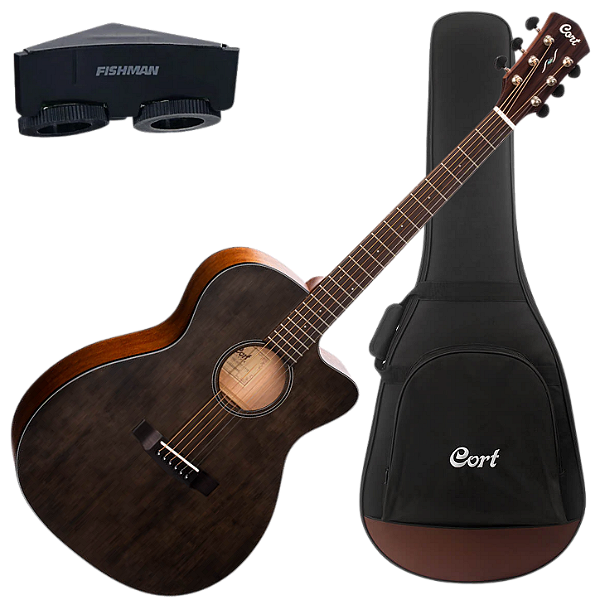 Violão Eletroacústico Cort Core-OC Spruce OPTB Open Pore Trans Black Aço com Tampo Sitka Spruce Maciço Fundo e Laterais Mogno Maciço Captação Fishman Presys VT e Bag Deluxe