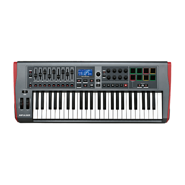 Teclado Controlador MIDI Impulse 49 Novation 49 Teclas Semi-pesadas com Pads Faders Motorizados Knobs e Tela LCD