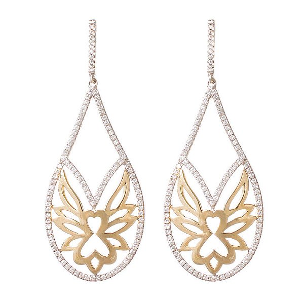 Brinco Prata Asa Anjo Dourada Grande Pendente