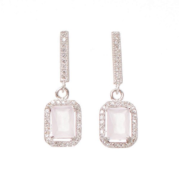 Brinco Prata Quartzo Retangular Rosa Zircônias Pendente