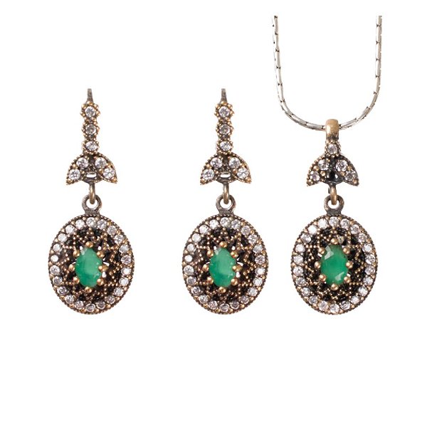 Conjunto Prata Joia Turca Pedra Natural Verde e Zircônias