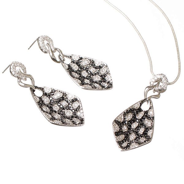 Conjunto de Prata Festa Micro Zircônias Negras e Brancas