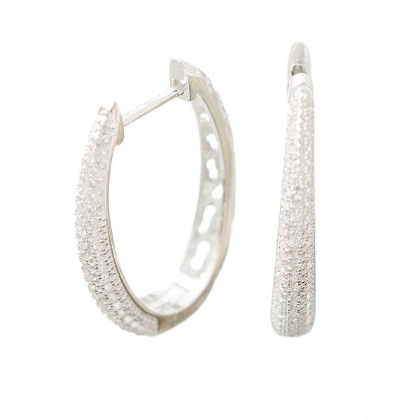 Brinco Prata Argola Oval Vazada Zircônia