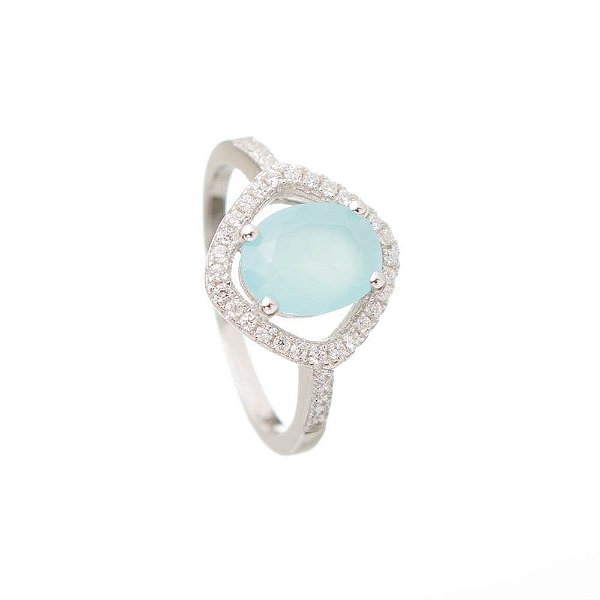 Solitário Prata Quartzo Azul  Oval e Zircônias